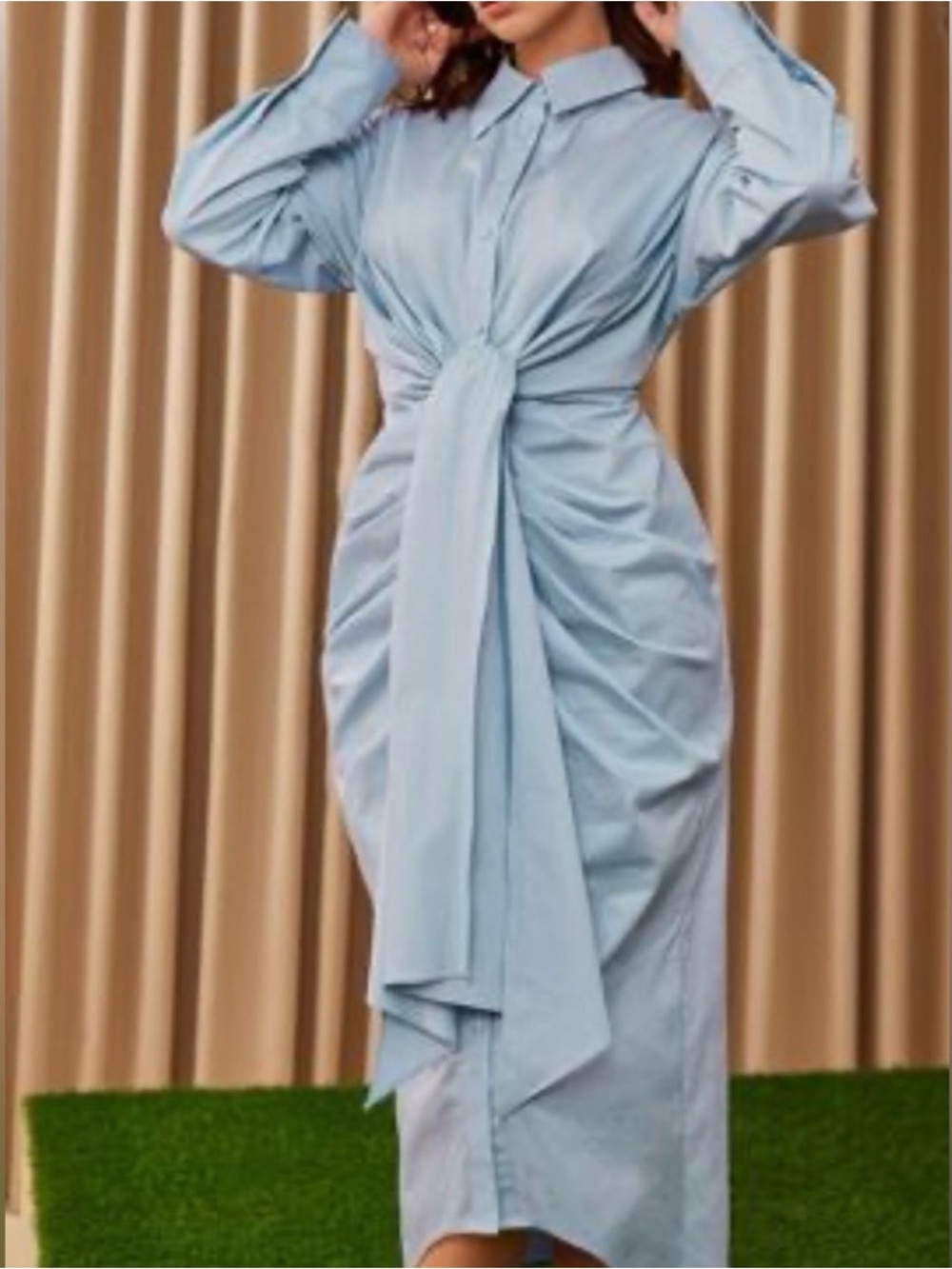 Antonio Melani Light Blue Ruched Waist Shirt Dress With Tie - Picture 2 of 11